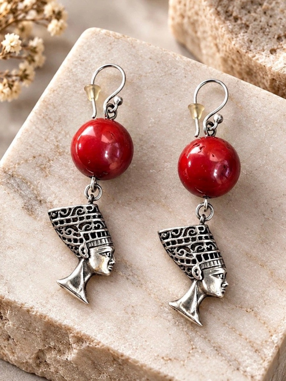 925 Sterling Silver Queen Nefertiti Red Coral Dangle Earrings Handmade Egyptian
